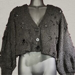 Upcycled Distressed Black Knit Slouchy Cardigan